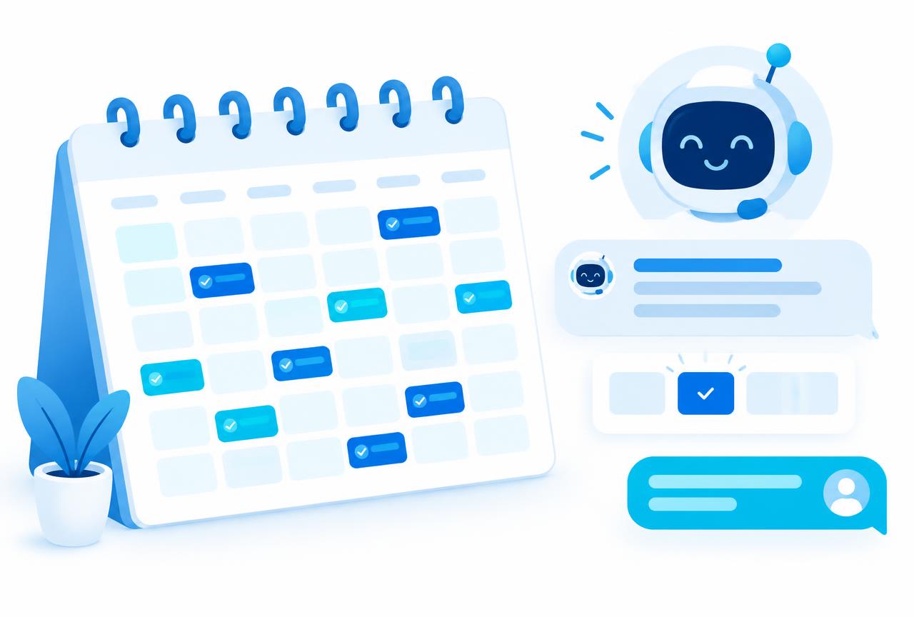 A calendar filling with booked appointments beside a chat assistant