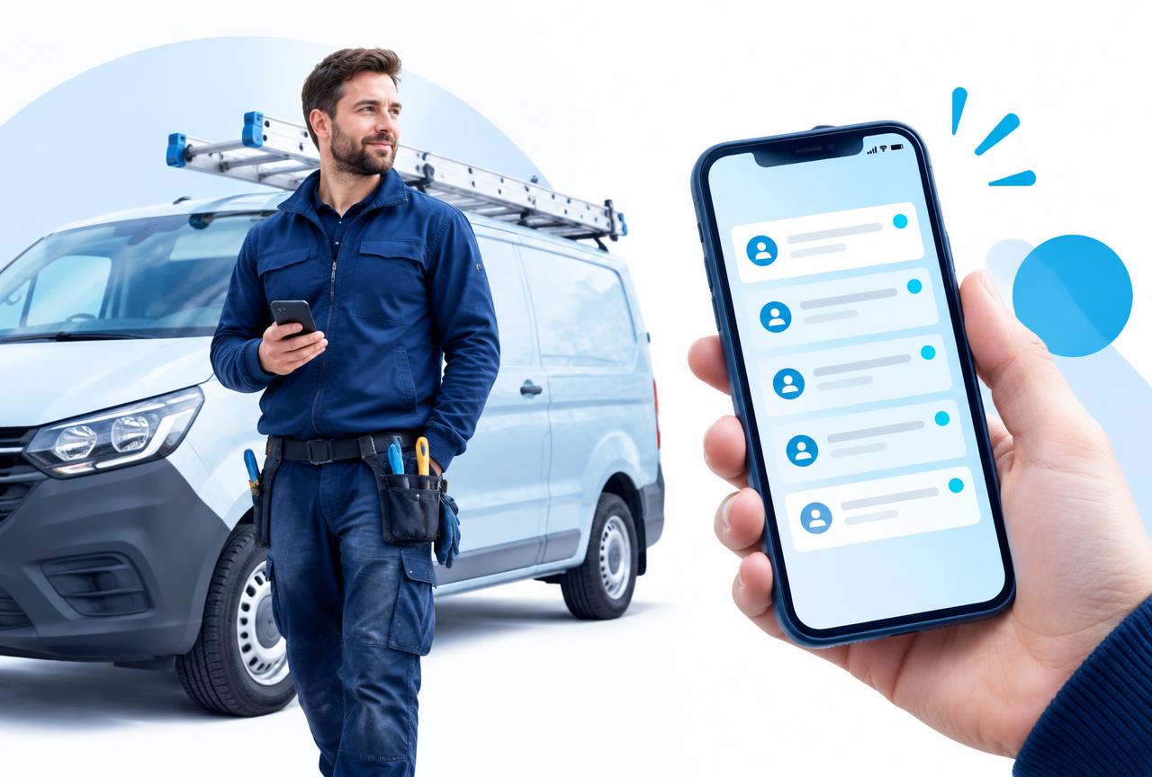 A tradesperson beside their van reading new enquiries on a phone
