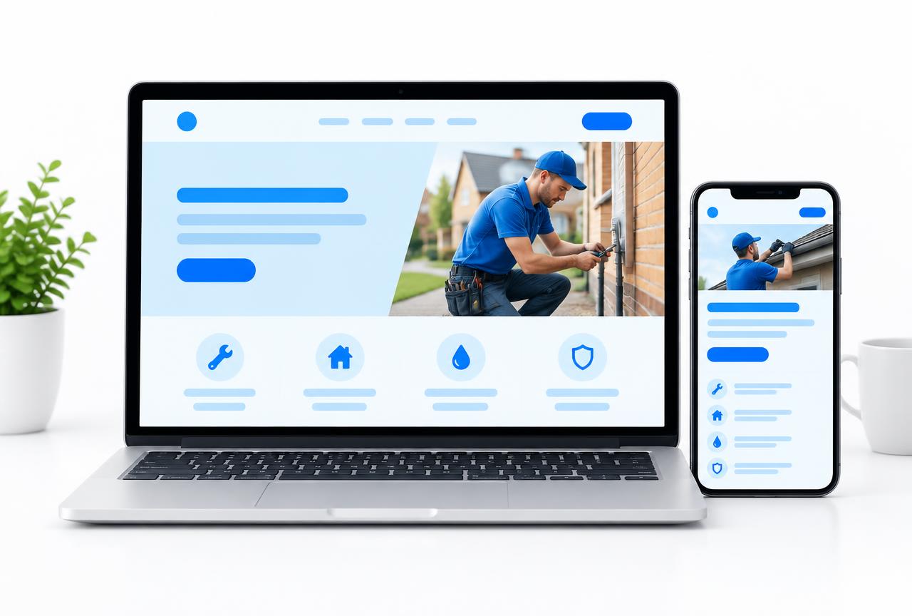 A laptop and phone showing a clean trades website layout